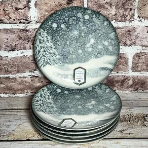 Intesa Home Holiday Snow Christmas Tree 8" Salad Plates Set 6 NEW Free Shipping